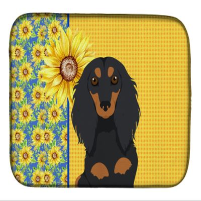 Caroline's Treasures WDK5382DDM Summer Sunflowers Longhair Black and Tan Dachshund Dish Drying Mat Absorbent Dish Drying Mat Pad for Kitchen Counter Dish Drainer Mat for Countertop, 14 x 21", Multicol