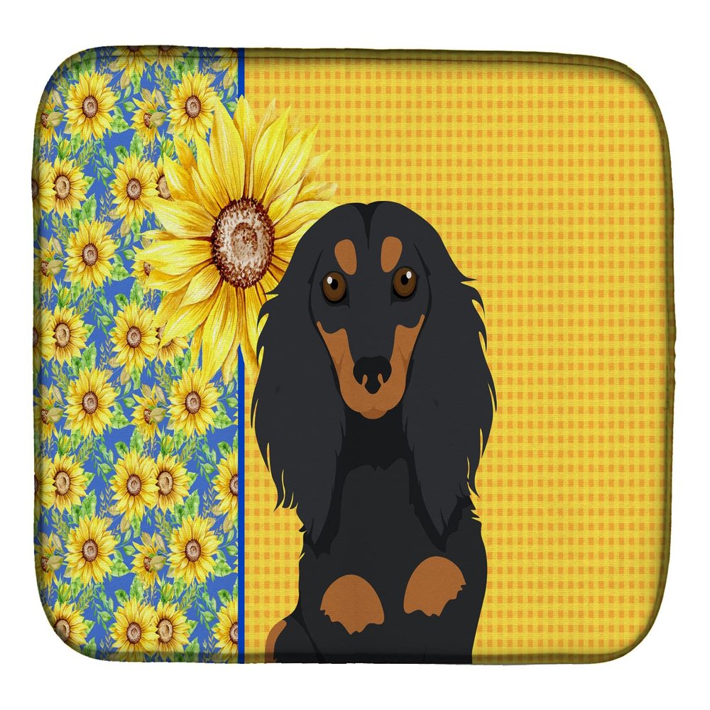 Caroline's Treasures WDK5382DDM Summer Sunflowers Longhair Black and Tan Dachshund Dish Drying Mat Absorbent Dish Drying Mat Pad for Kitchen Counter Dish Drainer Mat for Countertop, 14 x 21", Multicol