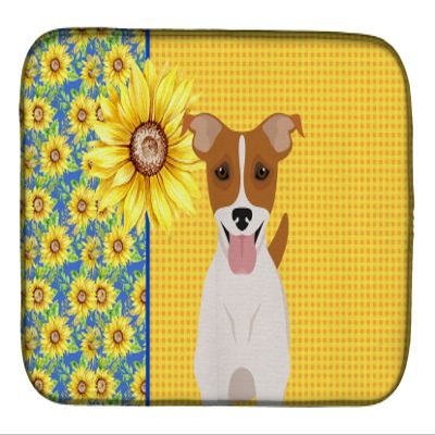 Caroline's Treasures WDK5434DDM Summer Sunflowers Brown White Smooth Jack Russell Terrier Dish Drying Mat Absorbent Dish Drying Mat Pad for Kitchen Counter Dish Drainer Mat for Countertop, 14 x 21", M