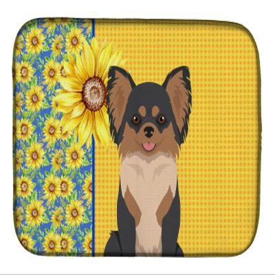 Caroline's Treasures WDK5356DDM Summer Sunflowers Longhaired Black and Tan Chihuahua Dish Drying Mat Absorbent Dish Drying Mat Pad for Kitchen Counter Dish Drainer Mat for Countertop, 14 x 21", Multic
