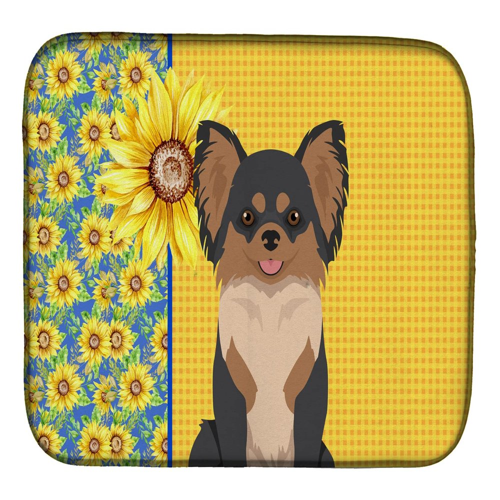 Caroline's Treasures WDK5356DDM Summer Sunflowers Longhaired Black and Tan Chihuahua Dish Drying Mat Absorbent Dish Drying Mat Pad for Kitchen Counter Dish Drainer Mat for Countertop, 14 x 21", Multic