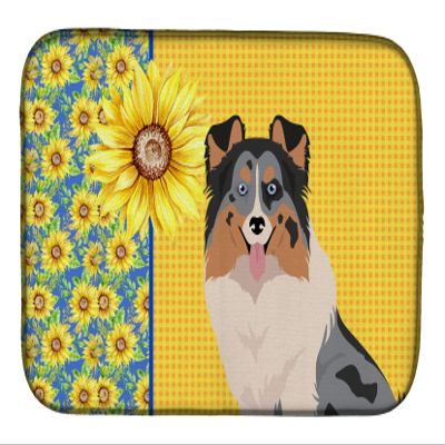 Caroline's Treasures WDK5481DDM Summer Sunflowers Blue Merle Sheltie Dish Drying Mat Absorbent Dish Drying Mat Pad for Kitchen Counter Dish Drainer Mat for Countertop, 14 x 21", Multicolor