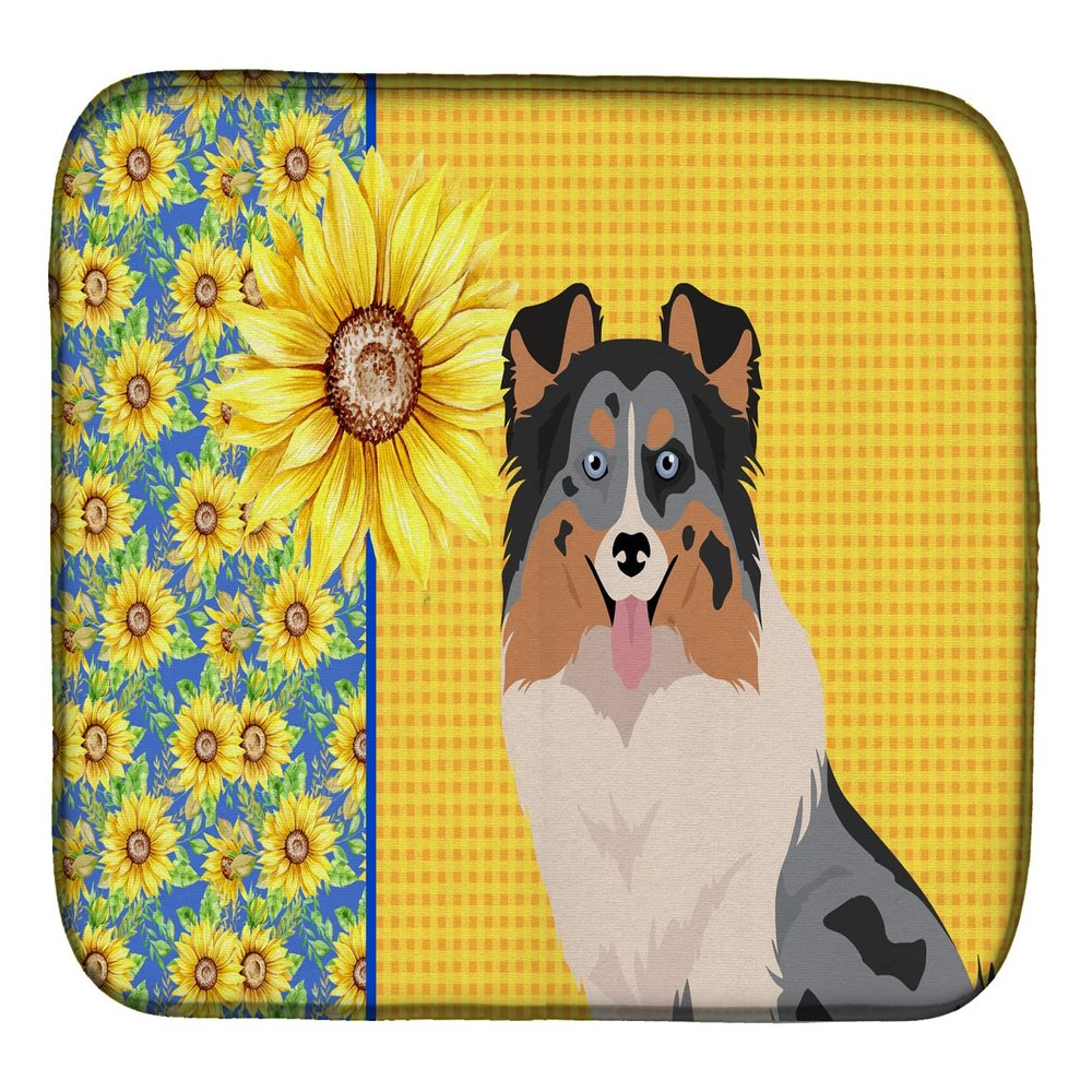 Caroline's Treasures WDK5481DDM Summer Sunflowers Blue Merle Sheltie Dish Drying Mat Absorbent Dish Drying Mat Pad for Kitchen Counter Dish Drainer Mat for Countertop, 14 x 21", Multicolor