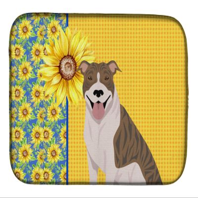 Caroline's Treasures WDK5319DDM Summer Sunflowers Fawn Brindle Pit Bull Terrier Dish Drying Mat Absorbent Dish Drying Mat Pad for Kitchen Counter Dish Drainer Mat for Countertop, 14 x 21", Multicolor