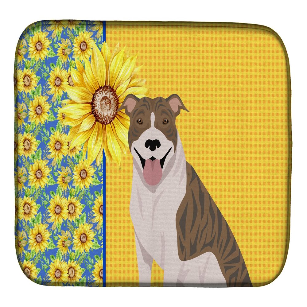 Caroline's Treasures WDK5319DDM Summer Sunflowers Fawn Brindle Pit Bull Terrier Dish Drying Mat Absorbent Dish Drying Mat Pad for Kitchen Counter Dish Drainer Mat for Countertop, 14 x 21", Multicolor