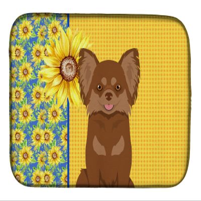 Caroline's Treasures WDK5355DDM Summer Sunflowers Longhaired Chocolate and Tan Chihuahua Dish Drying Mat Absorbent Dish Drying Mat Pad for Kitchen Counter Dish Drainer Mat for Countertop, 14 x 21", Mu
