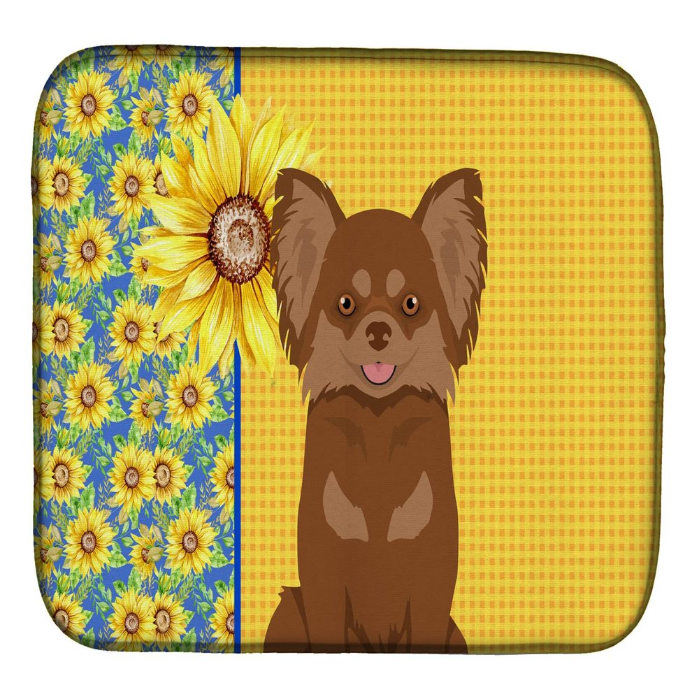 Caroline's Treasures WDK5355DDM Summer Sunflowers Longhaired Chocolate and Tan Chihuahua Dish Drying Mat Absorbent Dish Drying Mat Pad for Kitchen Counter Dish Drainer Mat for Countertop, 14 x 21", Mu
