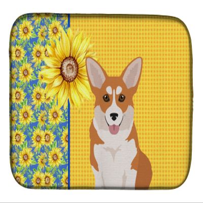 Caroline's Treasures WDK5498DDM Summer Sunflowers Red Pembroke Corgi Dish Drying Mat Absorbent Dish Drying Mat Pad for Kitchen Counter Dish Drainer Mat for Countertop, 14 x 21", Multicolor