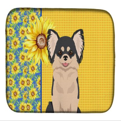 Caroline's Treasures WDK5354DDM Summer Sunflowers Longhaired Black and White Chihuahua Dish Drying Mat Absorbent Dish Drying Mat Pad for Kitchen Counter Dish Drainer Mat for Countertop, 14 x 21", Mult