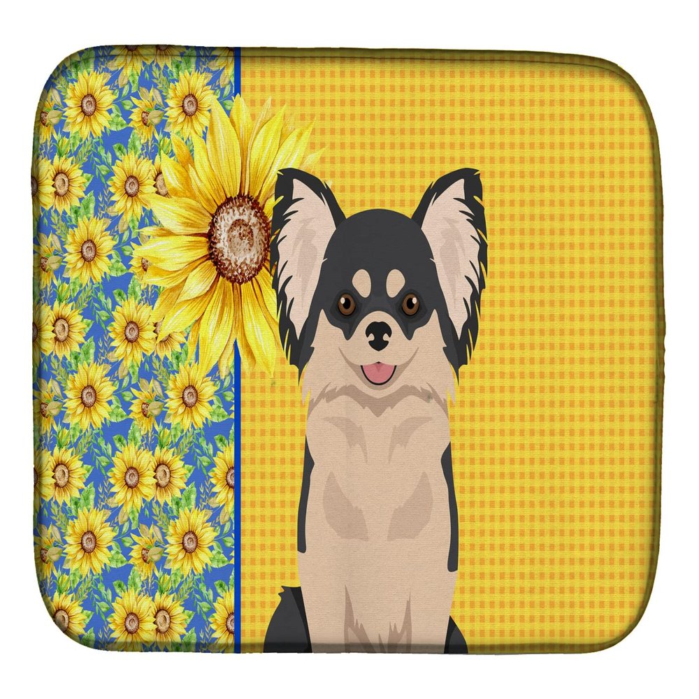Caroline's Treasures WDK5354DDM Summer Sunflowers Longhaired Black and White Chihuahua Dish Drying Mat Absorbent Dish Drying Mat Pad for Kitchen Counter Dish Drainer Mat for Countertop, 14 x 21", Mult