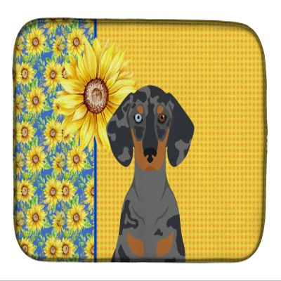 Caroline's Treasures WDK5394DDM Summer Sunflowers Black Dapple Dachshund Dish Drying Mat Absorbent Dish Drying Mat Pad for Kitchen Counter Dish Drainer Mat for Countertop, 14 x 21", Multicolor