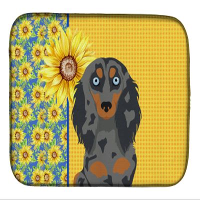 Caroline's Treasures WDK5384DDM Summer Sunflowers Longhair Blue and Tan Dapple Dachshund Dish Drying Mat Absorbent Dish Drying Mat Pad for Kitchen Counter Dish Drainer Mat for Countertop, 14 x 21", Mu