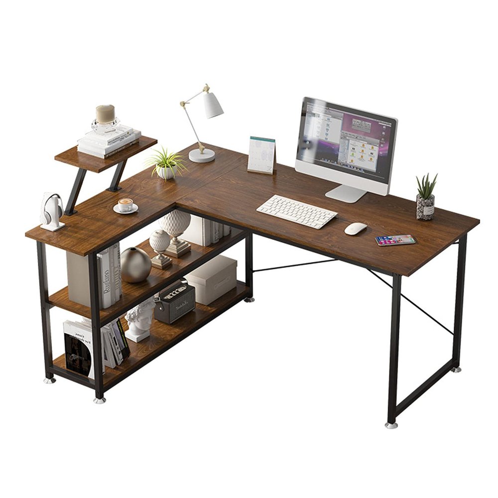 SUNESA PC Desk Corner PC Desk L-Shaped Desk 47" Simple Home Office Writing Workstation Desk with Storage Shelves, Rustic Brown and Black Office Desks