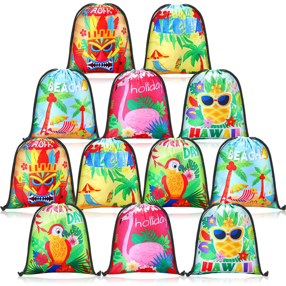 Boao 12 Pcs Summer Pool Bags Drawstring Beach Bag Goody Favor Gift Bags Beach Shark Tropical Theme Party Supplies for Luau Hawaiian Pool Wedding Birthday Party Candy Goodie (Hawaii Style)