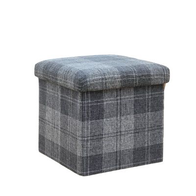 Foldable Storage Stool, Retro Square Cotton Linen Plaid Print Shoe Bench End of Bed Storage with Flipping Lid, for Living Room & Bedroom Footstool Ottoman ( Color : Black , Size : 38*38*38CM )