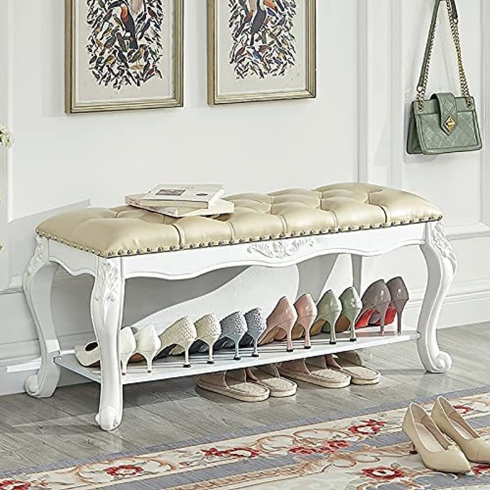 Vintage Solid Wood Entryway Bench,Button Leather Upholstered Shoe Bench Shoe Storage Organizer,Premium Bedroom Bench,D,100X35X45Cm(39X14X18Inch)
