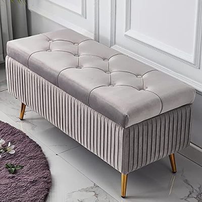 Luxurious Velvet Upholstered Storage Bench,Premium Decoration Furniture End of Bed Bench Storage Ottoman,Light Gray,60X40X45Cm(24X16X18Inch)