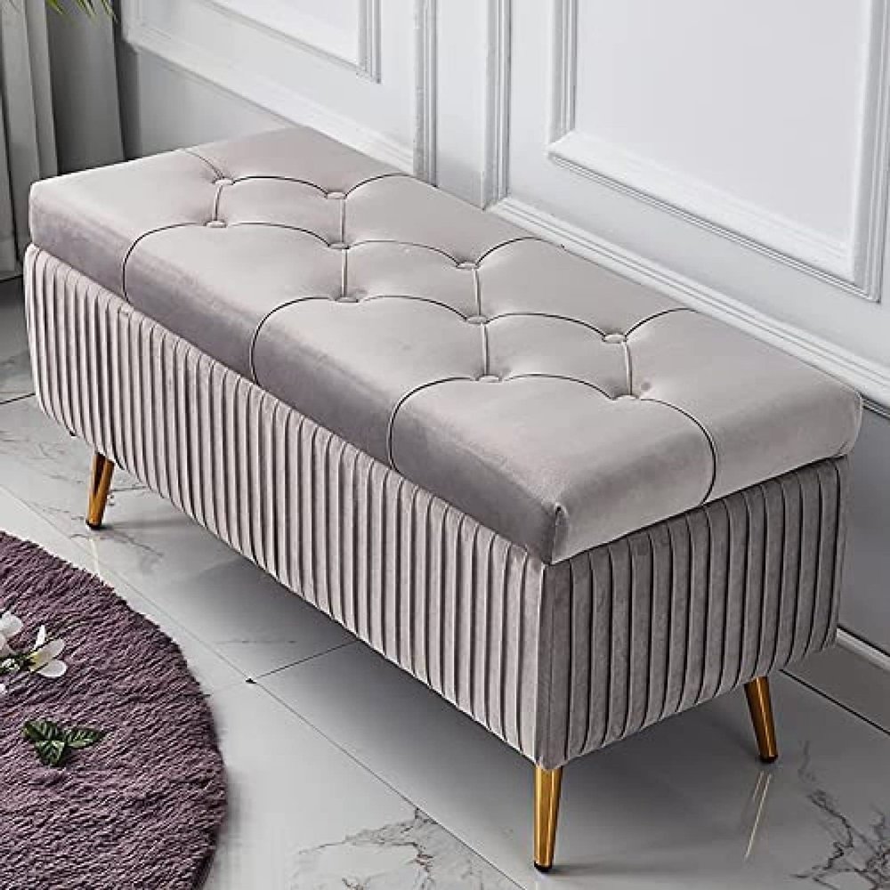 Luxurious Velvet Upholstered Storage Bench,Premium Decoration Furniture End of Bed Bench Storage Ottoman,Light Gray,60X40X45Cm(24X16X18Inch)