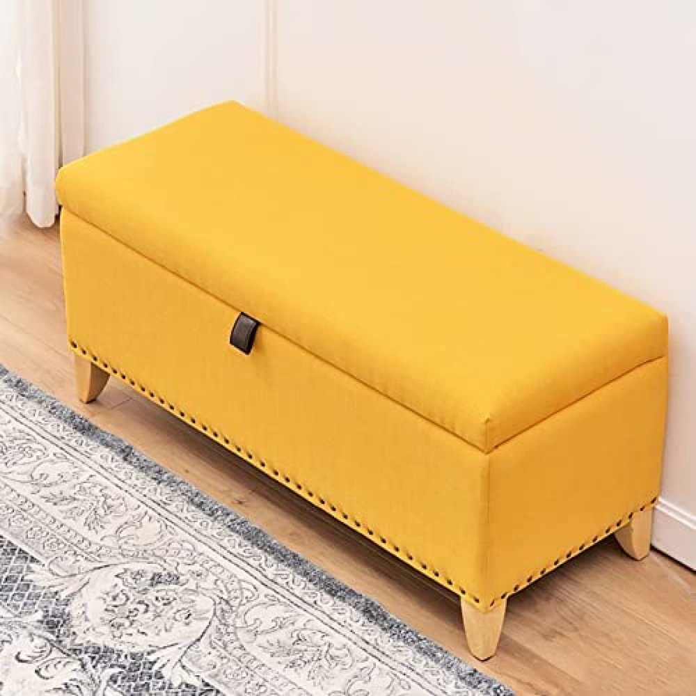 Rectangle Storage Bench,Linen Upholstered Storage Bench,Solid Wood End of Bed Bench with Storage,Yellow,100X40X45Cm(39X16X18Inch)