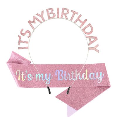 Araluky Women's Birthday Crowns, Headband & Sash with 'It's My Birthday' Prints
