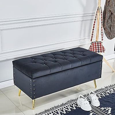 End of Bed Bench with Storage,Living Room Entryway Comfy Upholstered Footrest Shoes Bench,Luxurious Velvet Ottoman,Black,90X45X45Cm(35X18X18Inch)