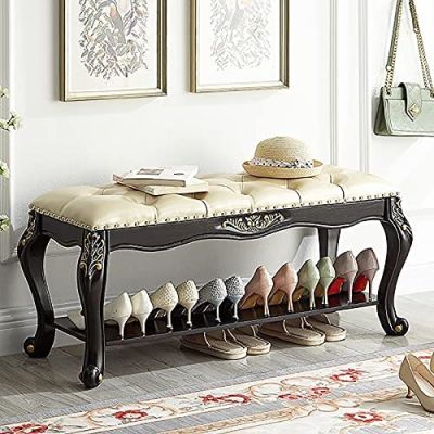 Vintage Solid Wood Entryway Bench,Button Leather Upholstered Shoe Bench Shoe Storage Organizer,Premium Bedroom Bench,A,90X35X45Cm(35X14X18Inch)