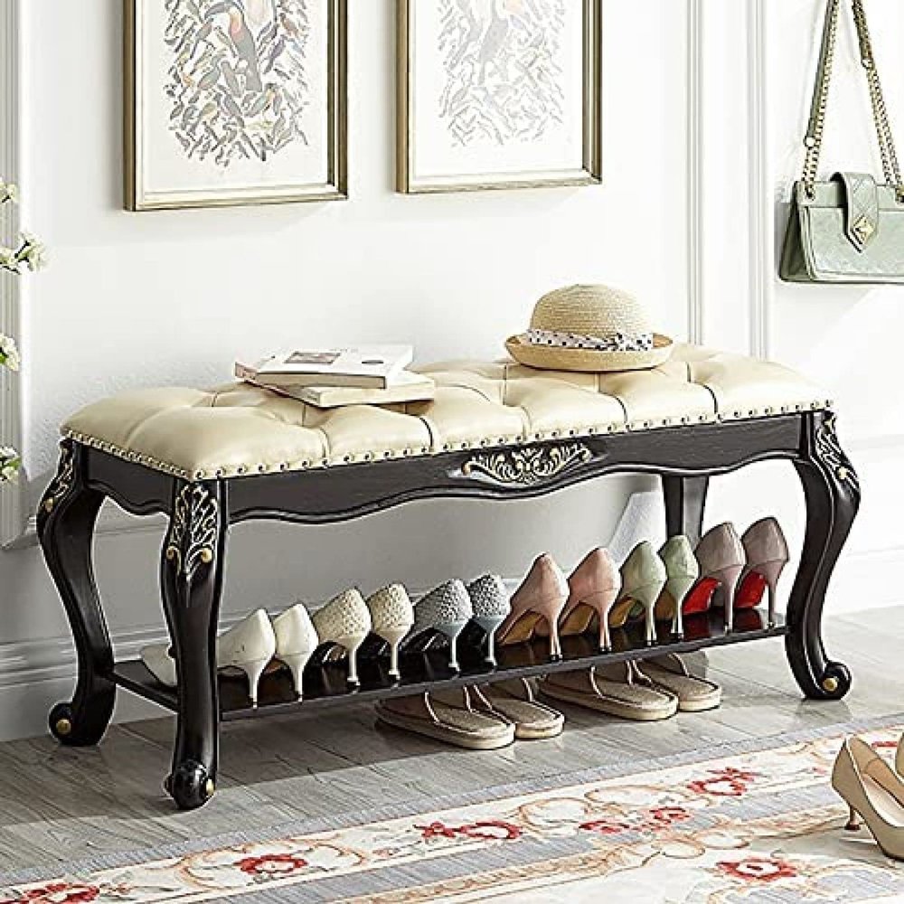 Vintage Solid Wood Entryway Bench,Button Leather Upholstered Shoe Bench Shoe Storage Organizer,Premium Bedroom Bench,A,90X35X45Cm(35X14X18Inch)
