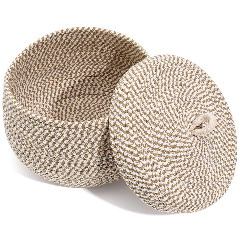 DOITOOL Cotton Rope Storage Basket with Lid, Round Basket with Lid, Decorative Small Woven Baskets for Organizing for Home Storage, Living Room