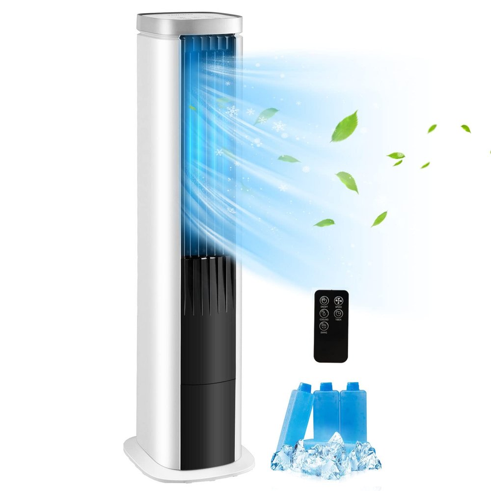 GOFLAME Evaporative Air Cooler Portable, 3-in-1 Air Cooling Fan with Remote Control, 4 Wind Speed, Humidifying Function, 7H Timer, 60 Oscillation Tower Cooling Fan for Bedroom, Living Room White