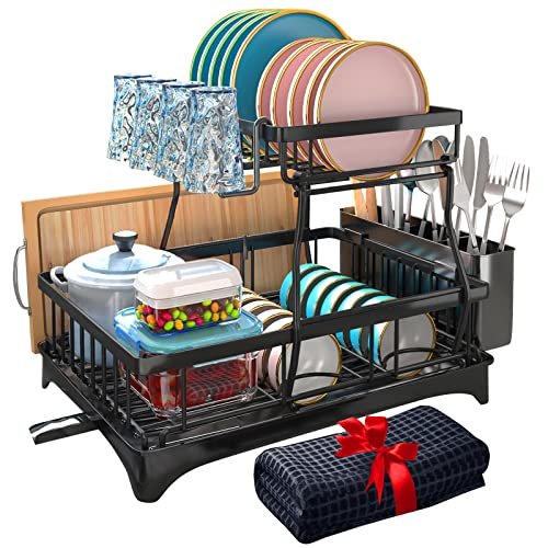Dish Drying Rack, Dish Rack with Extra Drying Mat, 2-Tier Dish Racks for Kitchen Counter, Kitchen Gadgets with Drainboard & Utensil Hooks, Kitchen Organization & Decor, Gifts for Women & Men
