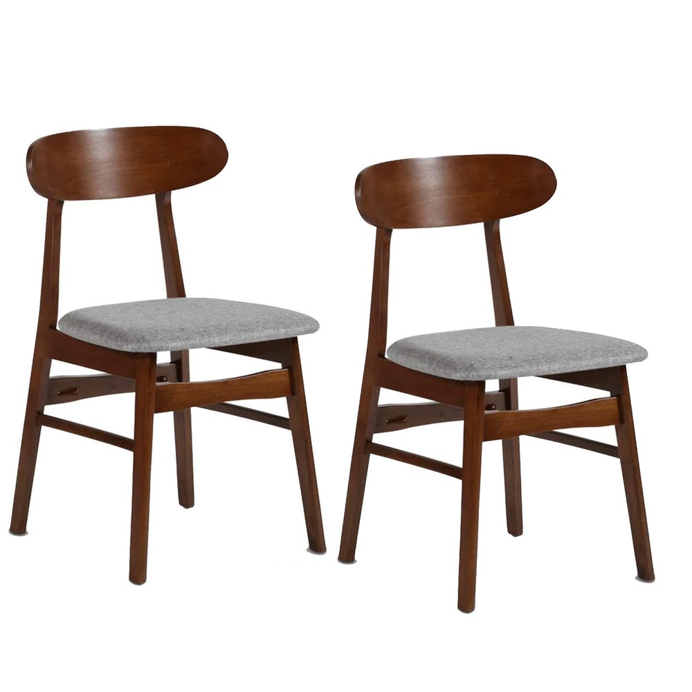 Benjara BEV 20 Inch Set of 2 Dining Chairs, Light Gray Cushions, Brown Rubberwood