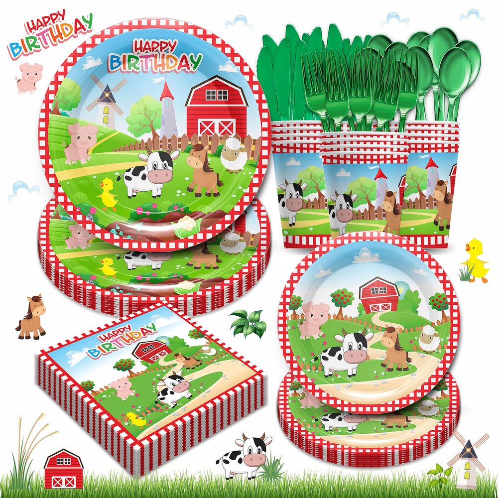 Piooluialy Farm Birthday Party Supplies Tableware Set - Farm Animal Party Decorations Include Dinner Plates, Cups, Napkins, Cutlery, Farm House Animal Barnyard Theme Party Supplies | Serves 24