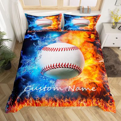 Baseball Duvet Cover Boys Kids Personalized Customize Name Bedding Full Size Sports Theme Customized Comforter Cover Teens Girls Fire and Ice Sports Baseball Bedspread Covers 3 Pcs, Red Blue