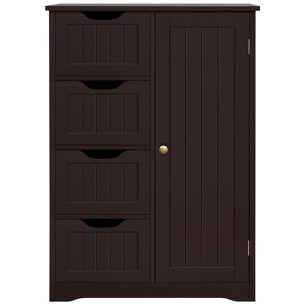 Topeakmart Bathroom Storage Cabinet Freestanding Floor Cabinet with 4 Drawers and a Door Cabinet for Living Room or Hallway, Espresso
