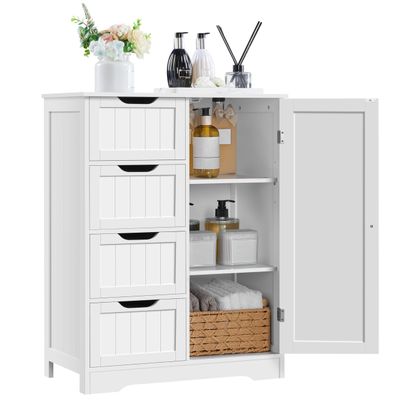 Yaheetech Large Bathroom Floor Cabinet with 4 Dawers and Single Door Cabinet, Freestanding Storage Cabinet for Living Room Kitchen Hallway, White