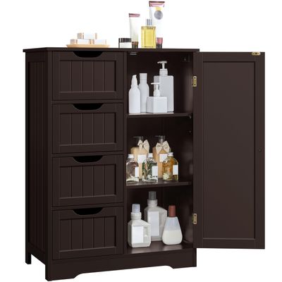 Yaheetech Large Bathroom Floor Cabinet with 4 Drawers and Single Door Cabinet, Freestanding Storage Cabinet for Living Room Kitchen Hallway, Espresso
