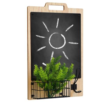MAXHID Wall-Mounted Chalkboard Sign with Metal Basket and Hook,Decorative Family Message Board, Rustic Wall Decor for Entryway,Kitchen,Cafe, Store