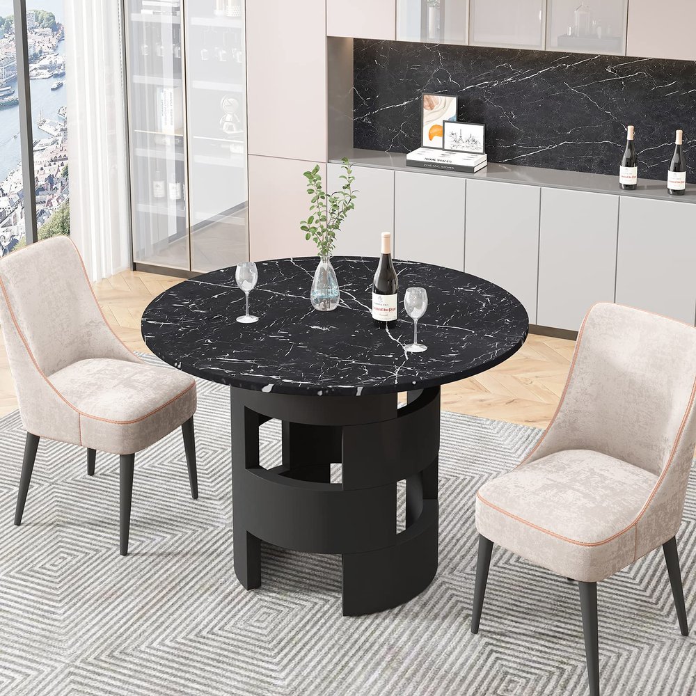 42.12" Modern Round Dining Table for 4, Kitchen Table with Printed Black Marble Table Black Dining Room Table with Black Hollow Cylindrical Base for Dining Room, Kitchen, Living Room