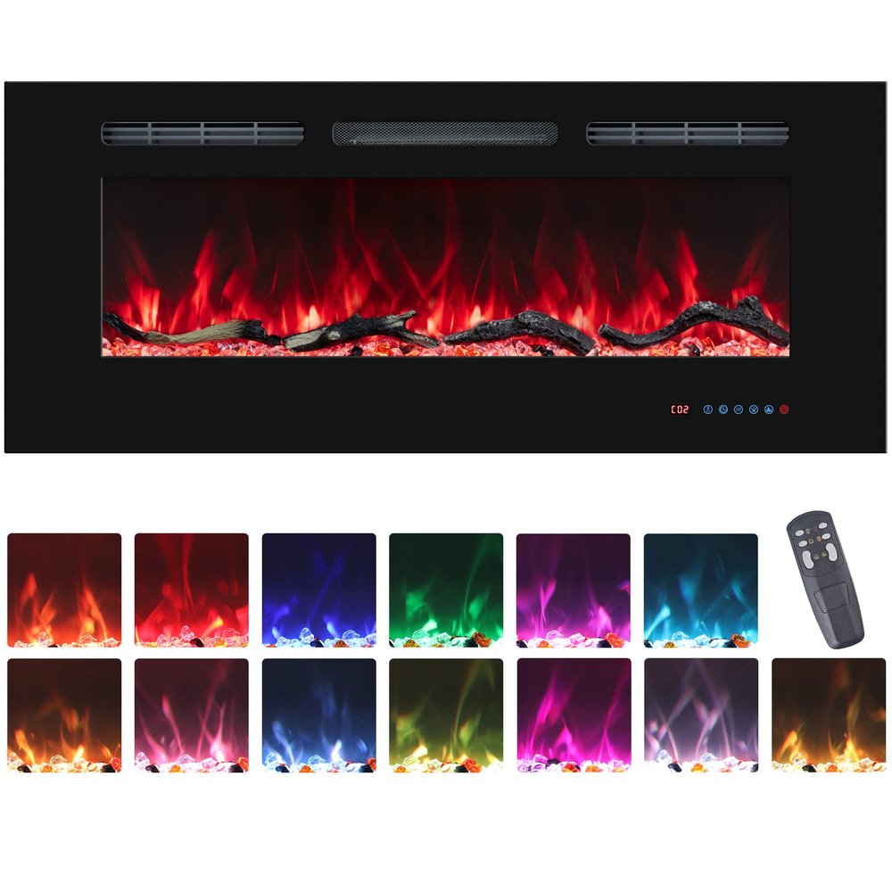 36" Electric Fireplaces Inserts, Recessed & Wall-Mounted Fireplace Heater with Thermostat, Multicolor Flames,Timer, Log & Crystal, 750/1500W