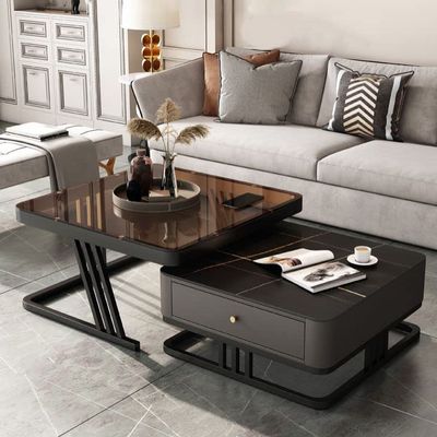 CraftThink Coffee Table, Glass Slate Square Top with Sturdy Steel Frame Side Table Cocktail Table with Drawer for Living Room Office- Brown & Black, 31.5"L x 31.5"W x 16.5"H + 23.5"L x 23.5"W x 14"H