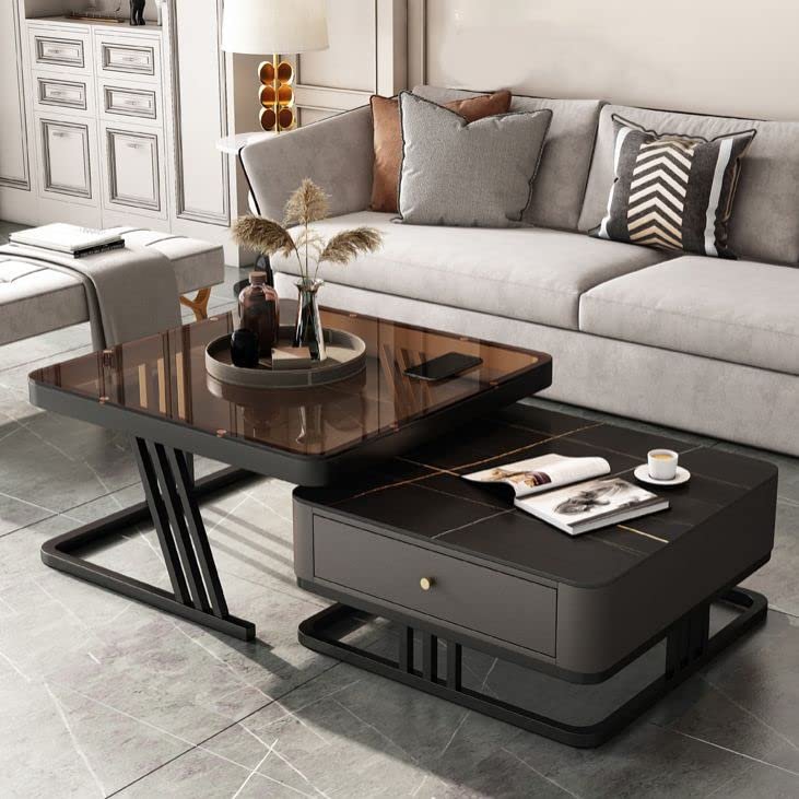 CraftThink Coffee Table, Glass Slate Square Top with Sturdy Steel Frame Side Table Cocktail Table with Drawer for Living Room Office- Brown & Black, 31.5"L x 31.5"W x 16.5"H + 23.5"L x 23.5"W x 14"H