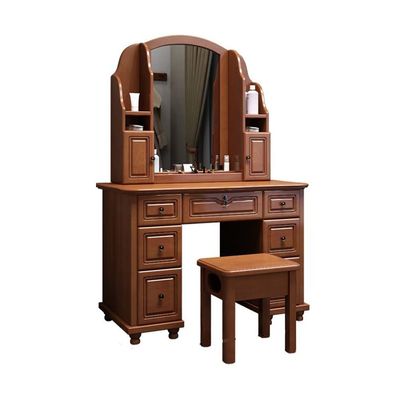 KWOKING Traditional Solid Wood 60.23" High Vanity Set with Stool and Mirror Rubberwood Dressing Table Storage Cabinet Integrated Retro Multi-functional Makeup Table Nut-Brown 45.3"L x 18.5"W x 61"H