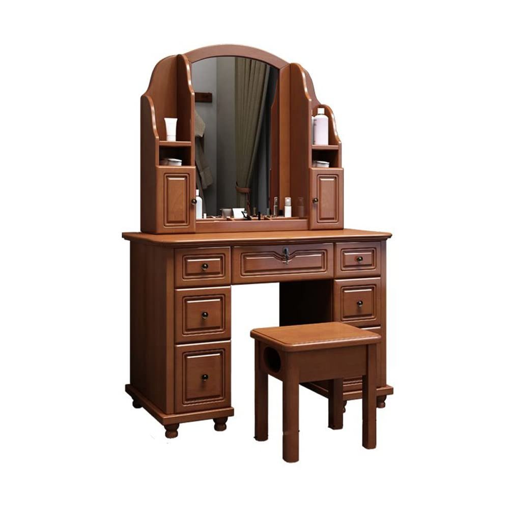 KWOKING Traditional Solid Wood 60.23" High Vanity Set with Stool and Mirror Rubberwood Dressing Table Storage Cabinet Integrated Retro Multi-functional Makeup Table Nut-Brown 45.3"L x 18.5"W x 61"H