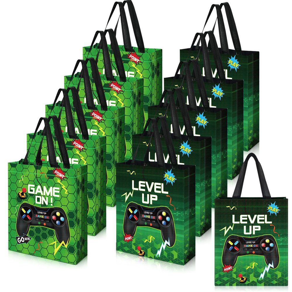 Sweetude 30 Pcs Video Game Gift Bag with Handle Game Party Supplies Reusable Gaming Non Goody Bag, 2 Styles(Green)