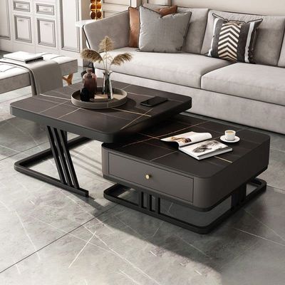 CraftThink Coffee Table, Slate Square Top with Sturdy Steel Frame Side Table Cocktail Table with Drawer for Living Room Office- Black, 31.5" L x 31.5" W x 16.5" H + 23.5" L x 23.5" W x 14" H