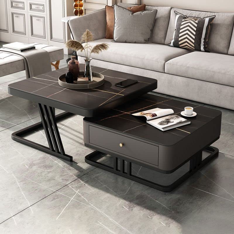 CraftThink Coffee Table, Slate Square Top with Sturdy Steel Frame Side Table Cocktail Table with Drawer for Living Room Office- Black, 31.5" L x 31.5" W x 16.5" H + 23.5" L x 23.5" W x 14" H