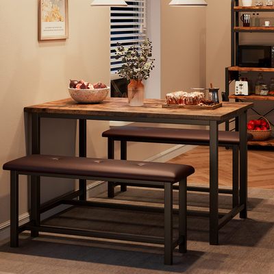 Alkmaar Kitchen Table Set with 2 Upholstered Benches for 4, Dining Room Metal and Wood Rectangular Table Set for Small Space, Apartment, Retro Brown
