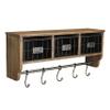 BizChair Wall Mounted Storage Rack - Rustic Brown Solid Pine Wood - 24 Inch - Upper Shelf - 5 Hooks - Wire Baskets - For Entryway, Kitchen, Bathroom view 1