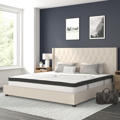 BizChair King Size Tufted Upholstered Platform Bed in Beige Fabric with 10 Inch CertiPUR-US Certified Pocket Spring Mattress