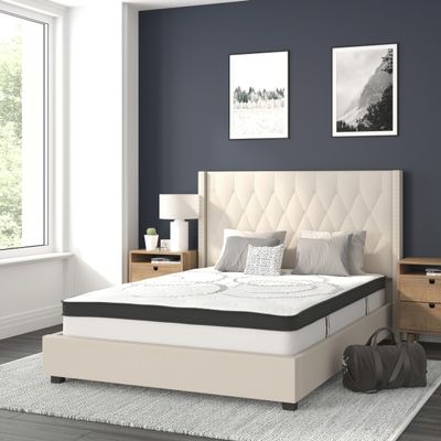 BizChair Full Size Tufted Upholstered Platform Bed in Beige Fabric with 10 Inch CertiPUR-US Certified Pocket Spring Mattress